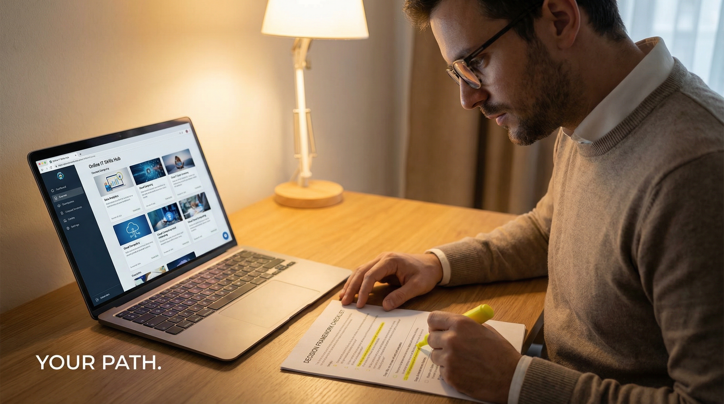 person-reviewing-tech-career-decision-checklist-next-to-laptop