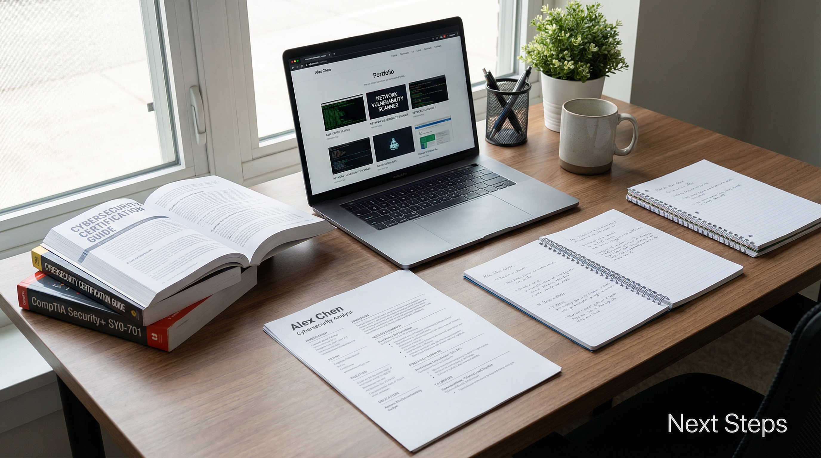 desk-with-resume-certification-materials-and-github-portfolio-open-on-laptop