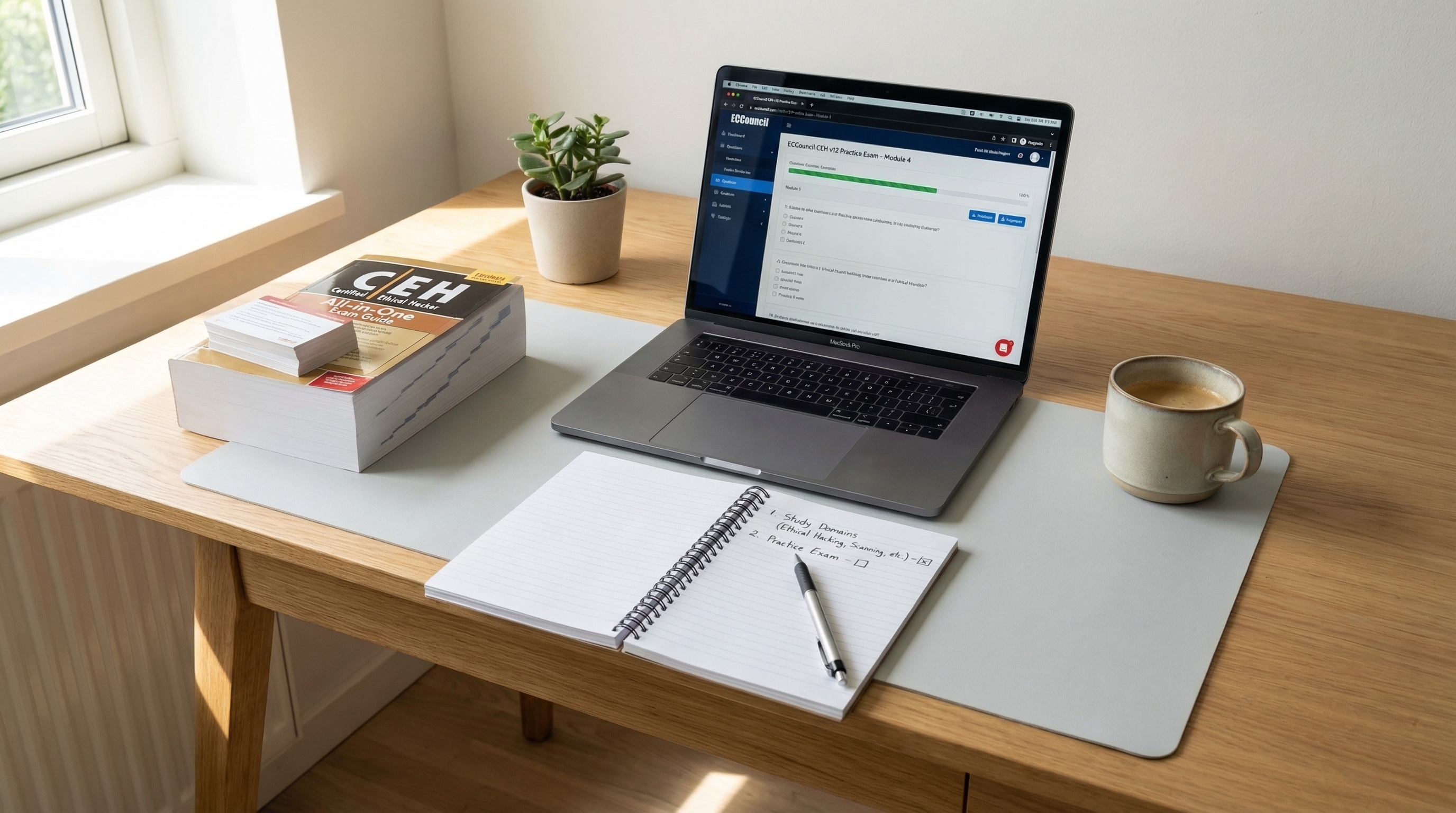 desk-with-laptop-showing-ceh-practice-exam-and-checklist