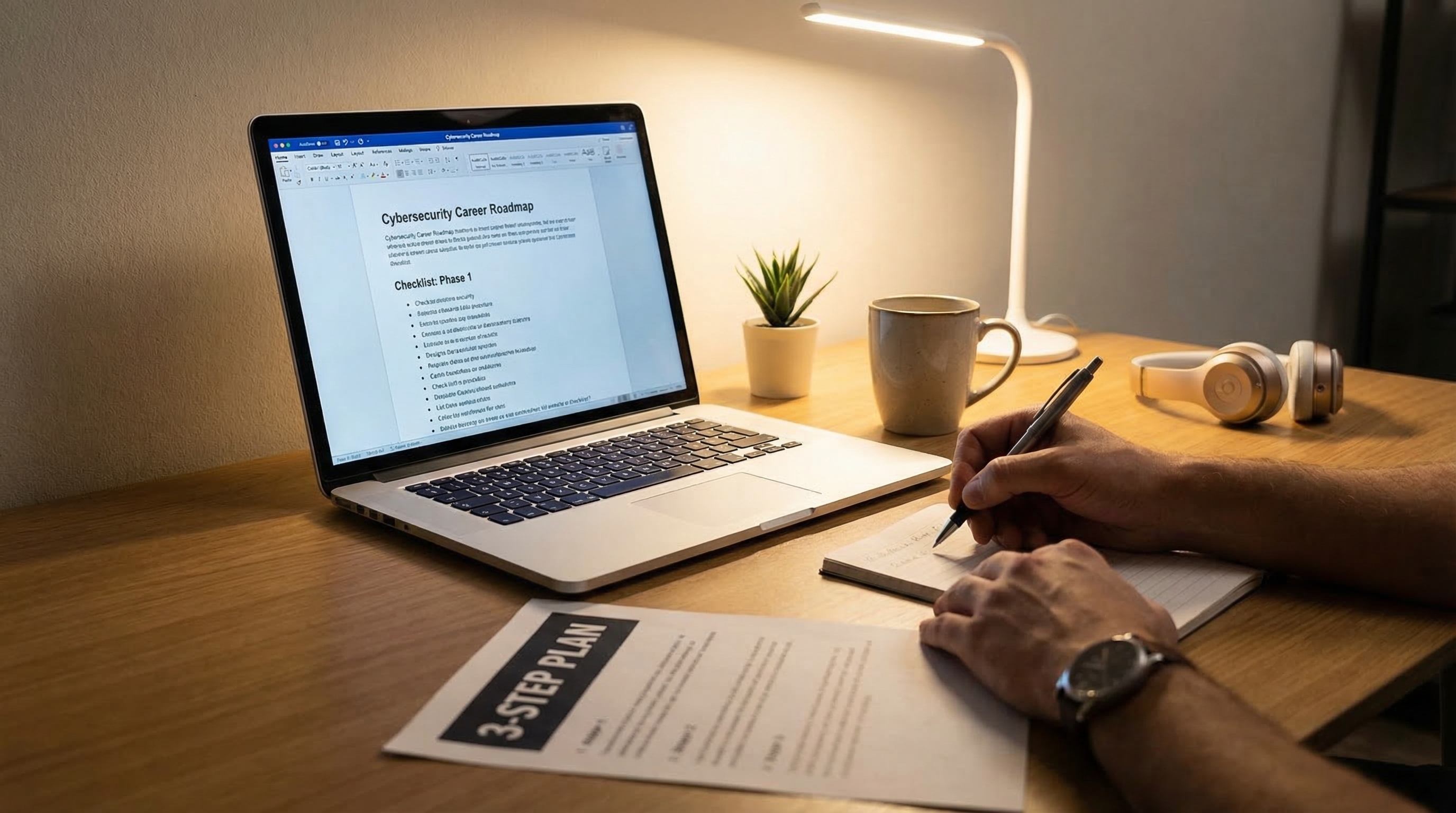 cybersecurity-three-step-career-roadmap-checklist-on-desk