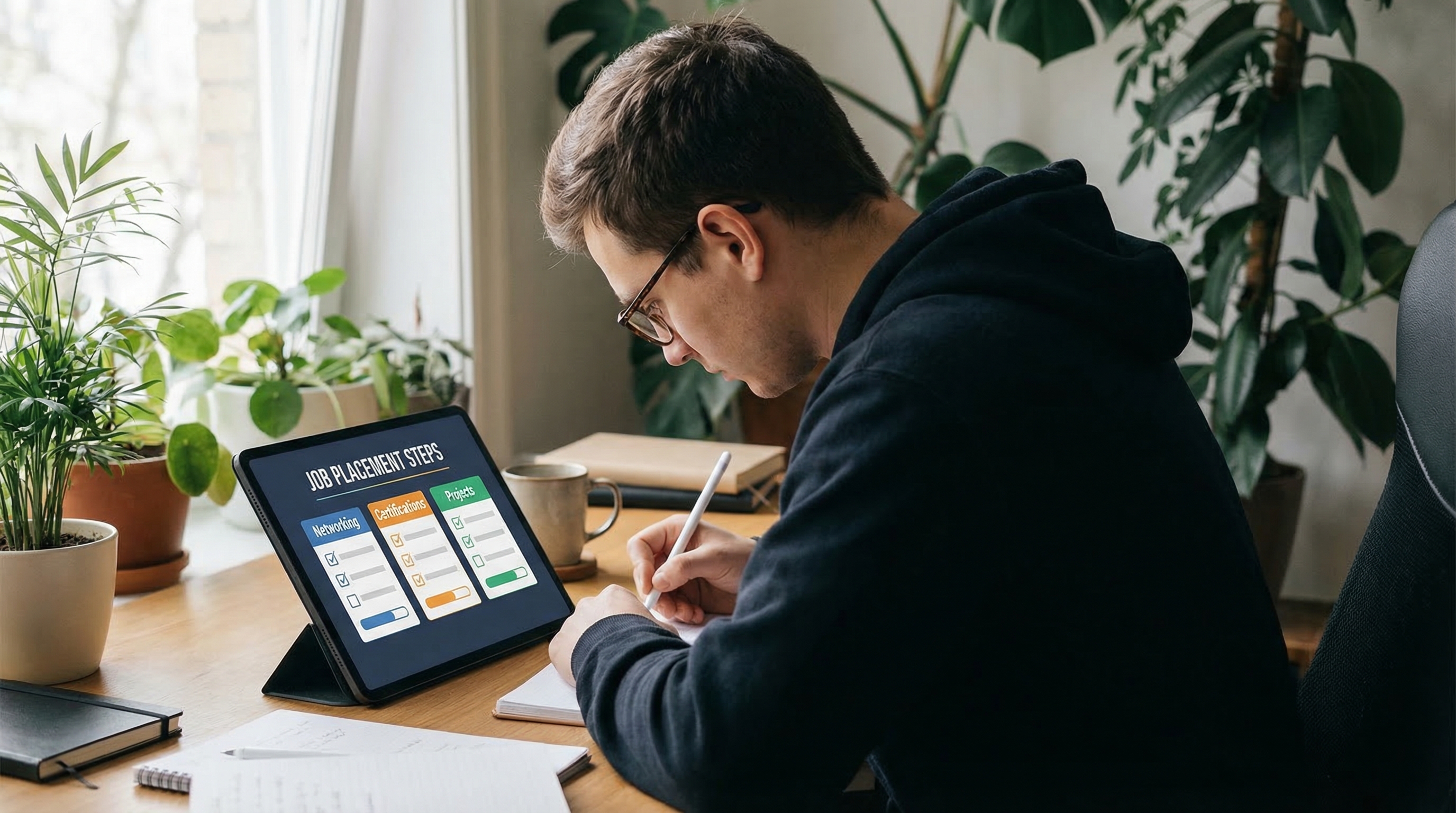 cybersecurity-learner-reviewing-digital-checklist-for-job-placement