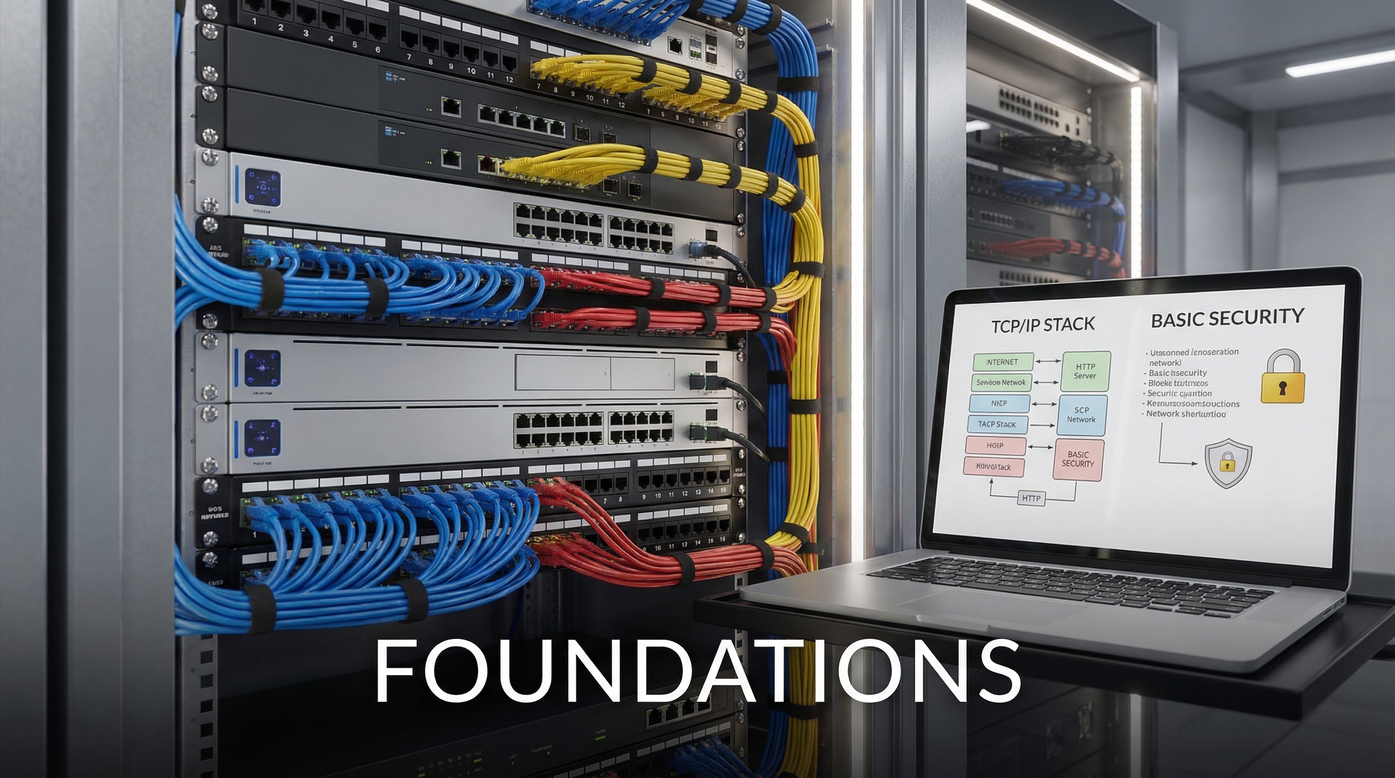network-rack-and-laptop-showing-core-networking-foundations