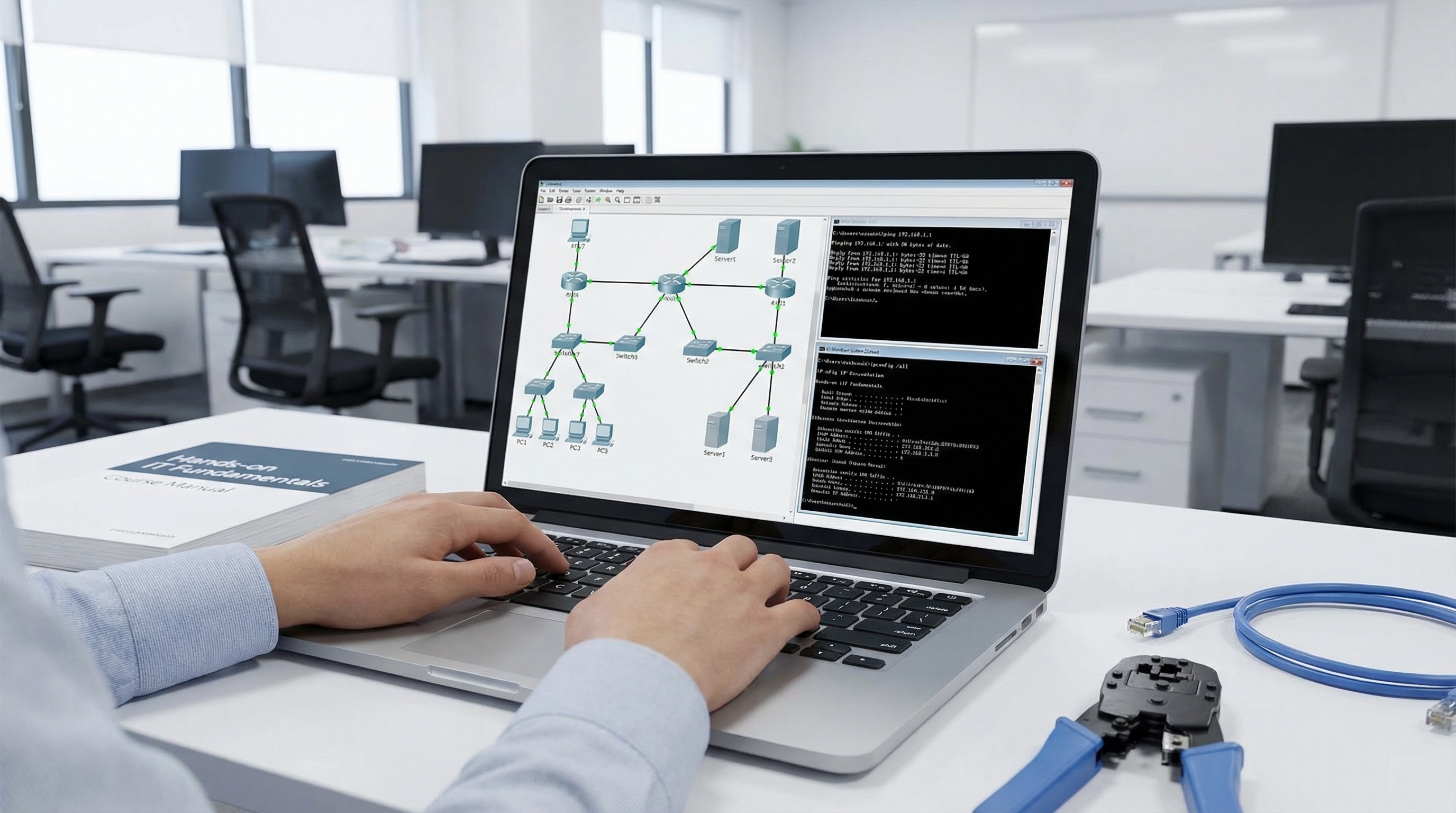 hands-working-on-laptop-with-network-topology-and-terminal-commands
