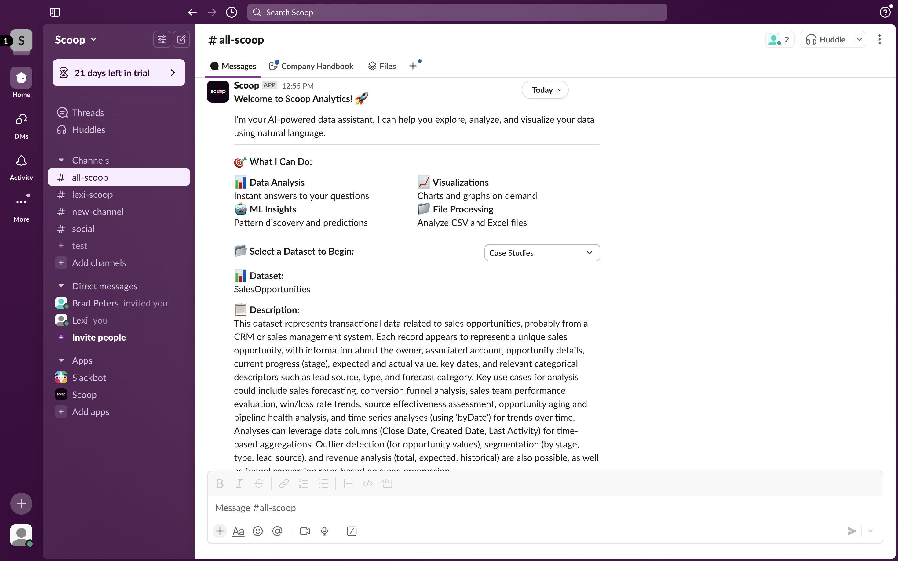 Scoop for Slack - Full interface showing dataset connection