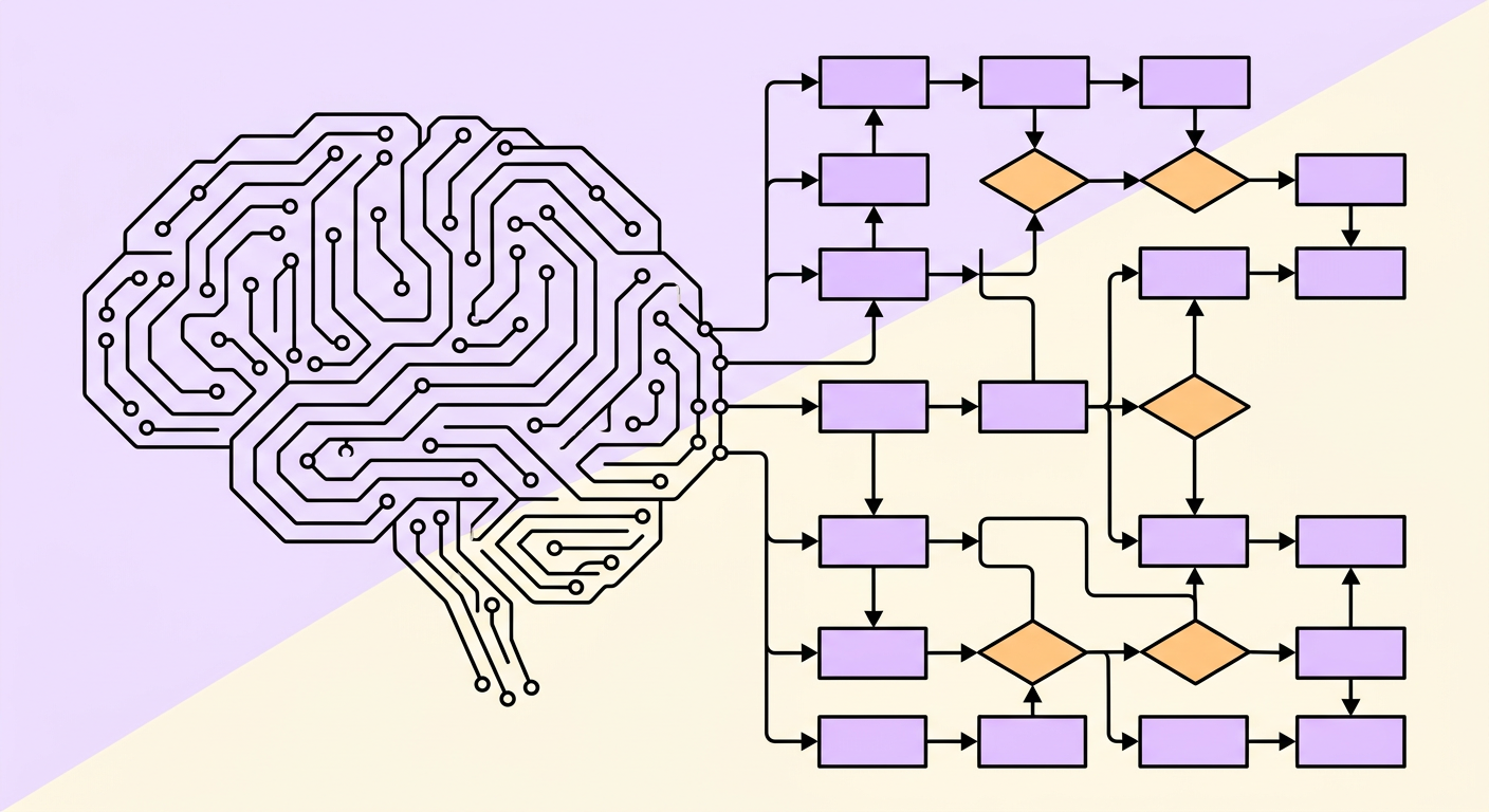 AI Process Mapping - brain merging into flowchart visualization