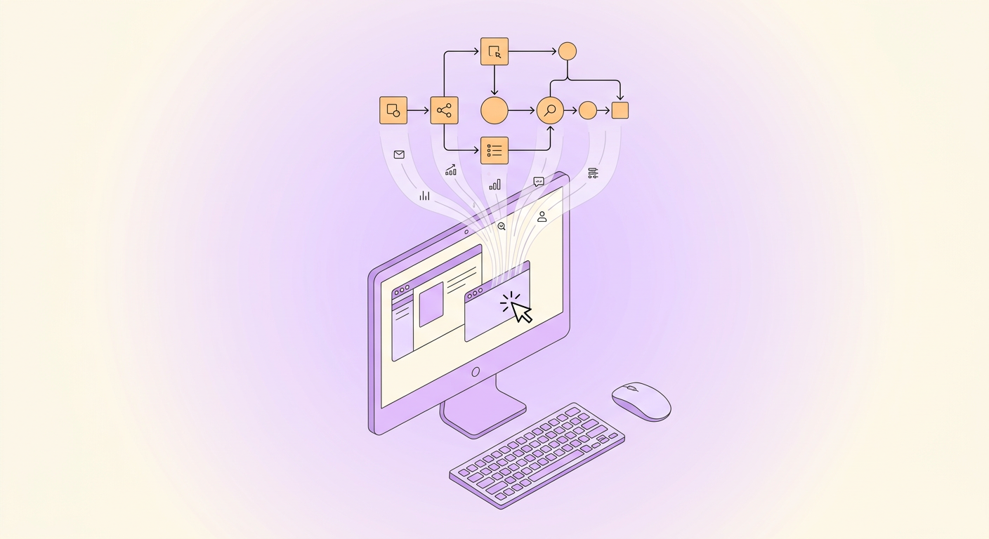Task Mining - isometric desktop with data streams rising into process map