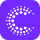 White circular pattern made of dots forming a stylized letter C on a purple background.