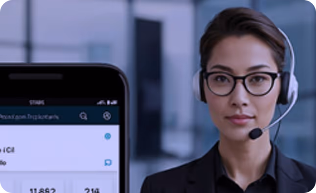 Woman wearing glasses and a headset standing next to a smartphone displaying a financial app.