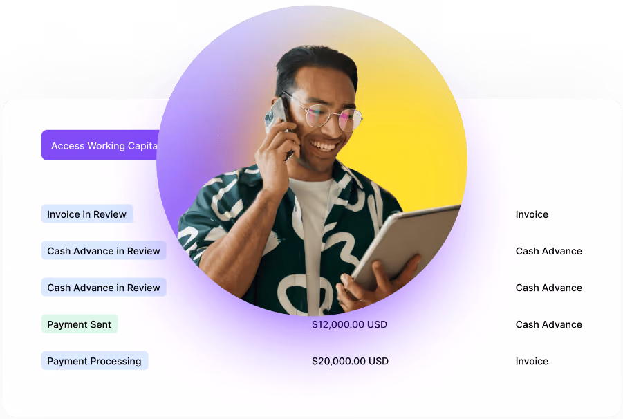 Smiling man holding a tablet and talking on the phone with a financial dashboard showing invoice and cash advance statuses and amounts in the background.