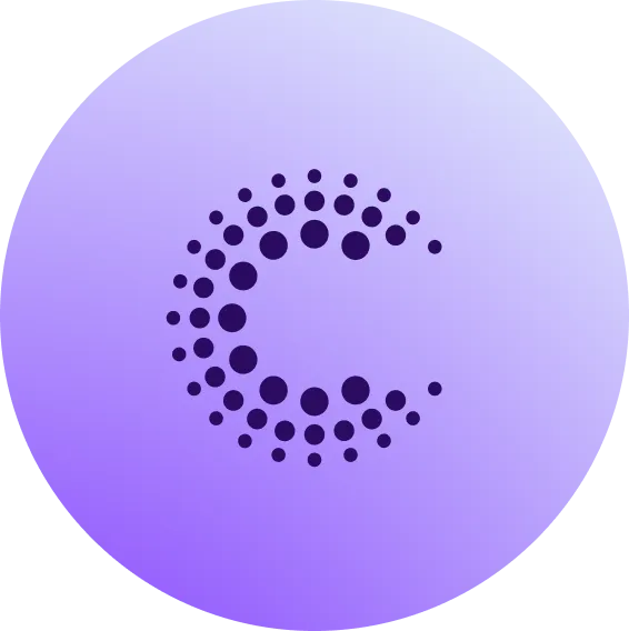 Black dotted circular pattern forming the letter C on a purple gradient circular background.