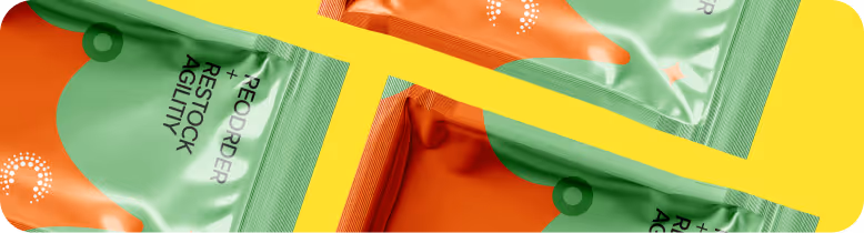 Close-up of green and orange packaging with text 'REORDER RESTOCK AGILITY' against a yellow background.