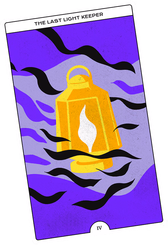 Illustration of a glowing yellow lantern with a flame against a purple sky titled The Last Light Keeper.