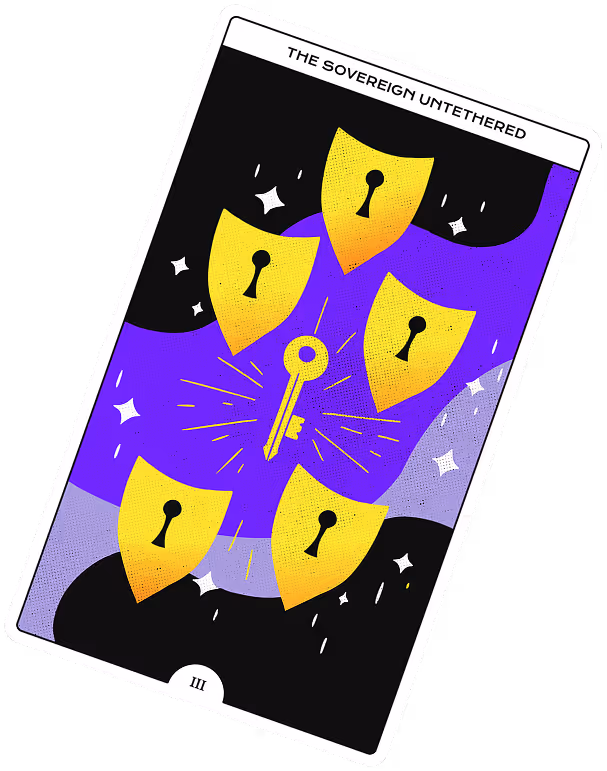 Key surrounded by five yellow shields with keyholes on a purple and black background.