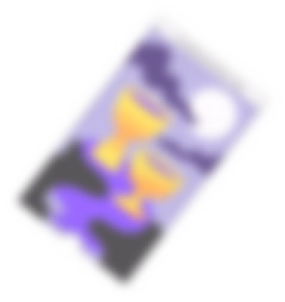 Tarot card showing two golden cups overflowing under a glowing full moon with a purple background.