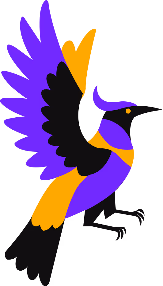 Stylized bird illustration with purple, black, and orange wings and body against a transparent background.