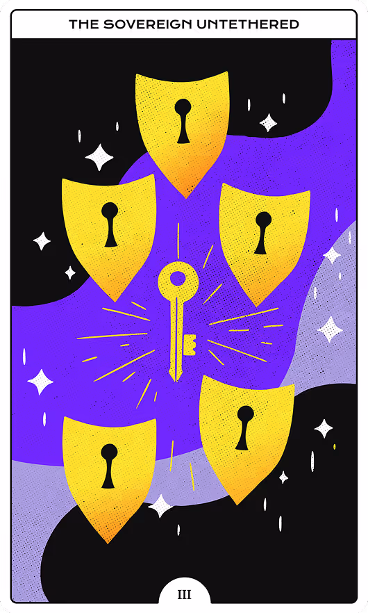 Colorful stylized bird with purple and orange wings flying in front of a yellow full moon.