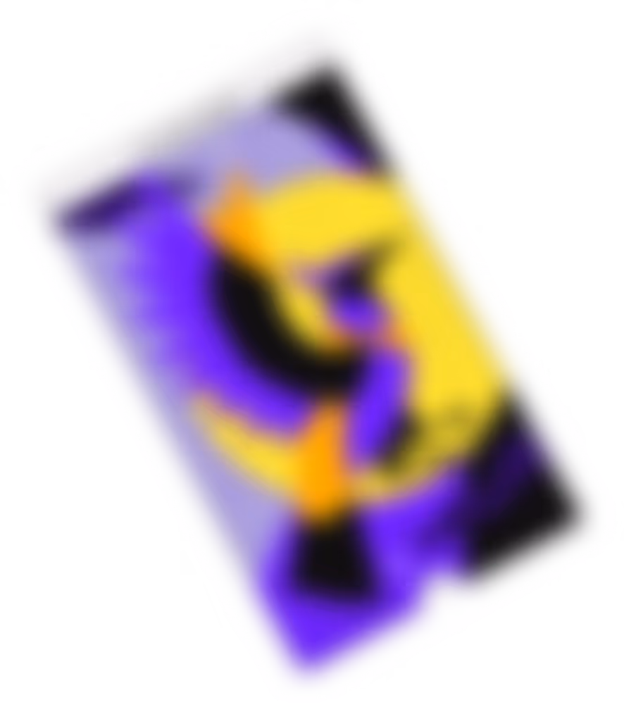 Abstract card art with purple, yellow, black, and orange overlapping shapes on a white background.