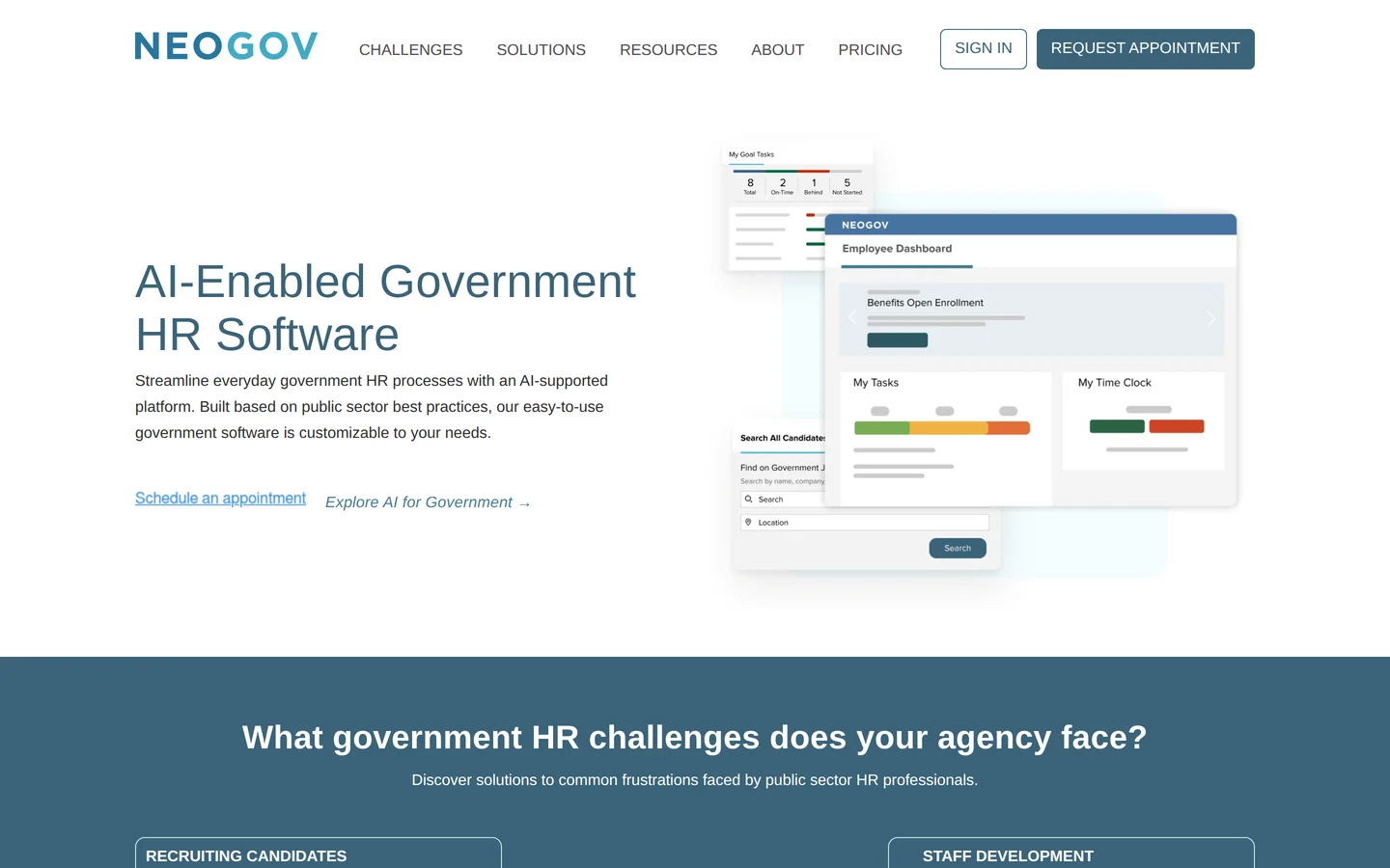 NEOGOV homepage - government HR suite with civil service promotional exams and eligibility lists