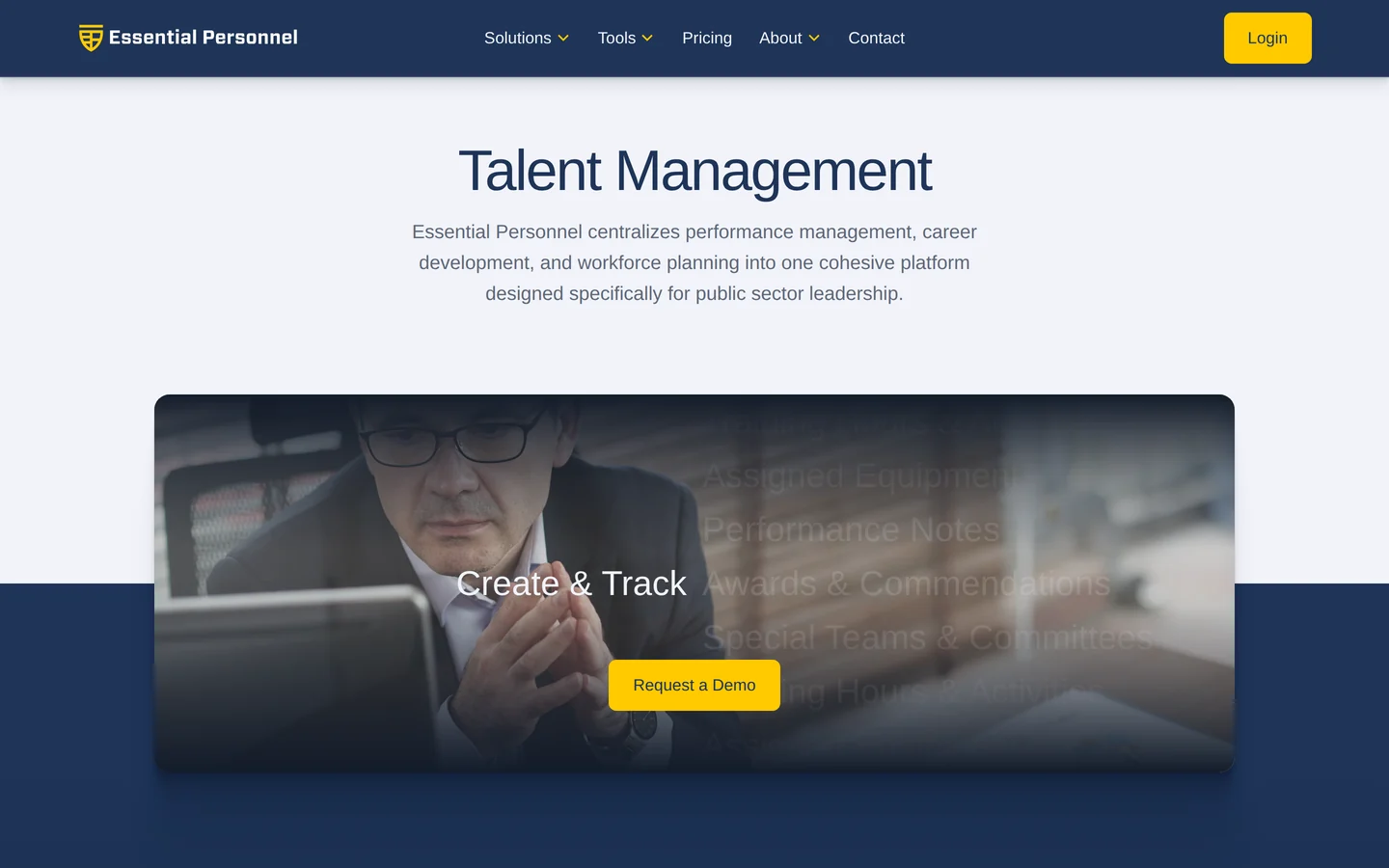 Essential Personnel talent management page showing performance notes, awards and commendations, and special teams tracking