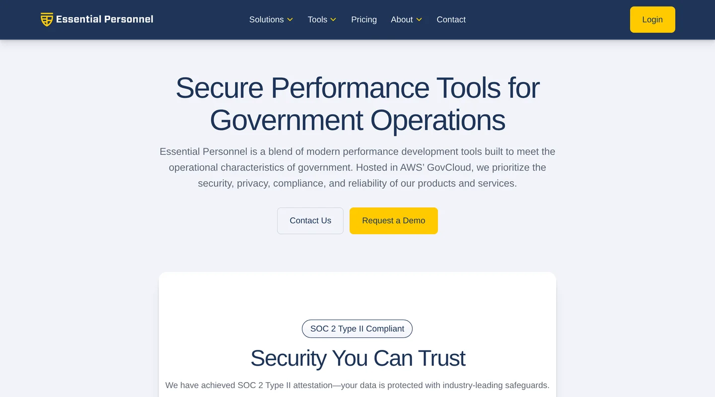 Essential Personnel product page describing secure performance tools for government operations