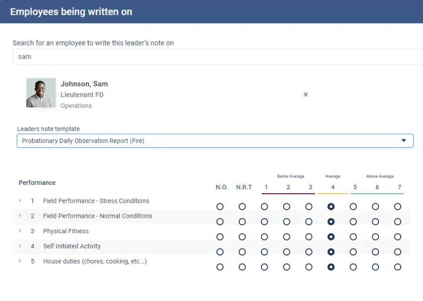 Essential Personnel Leader's Notes screen with the probationary daily observation report template selected and performance dimensions rated on a seven point scale