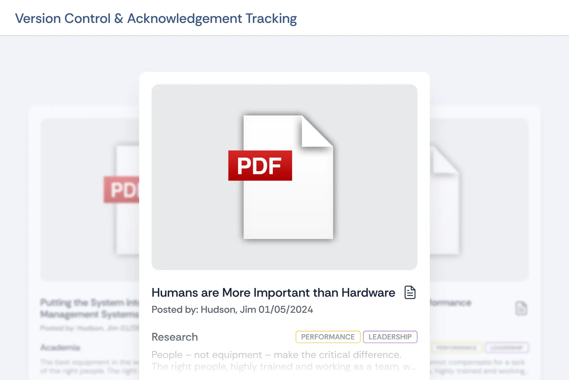 Essential Personnel version control and acknowledgement tracking view, showing published documents with the poster and date of issue