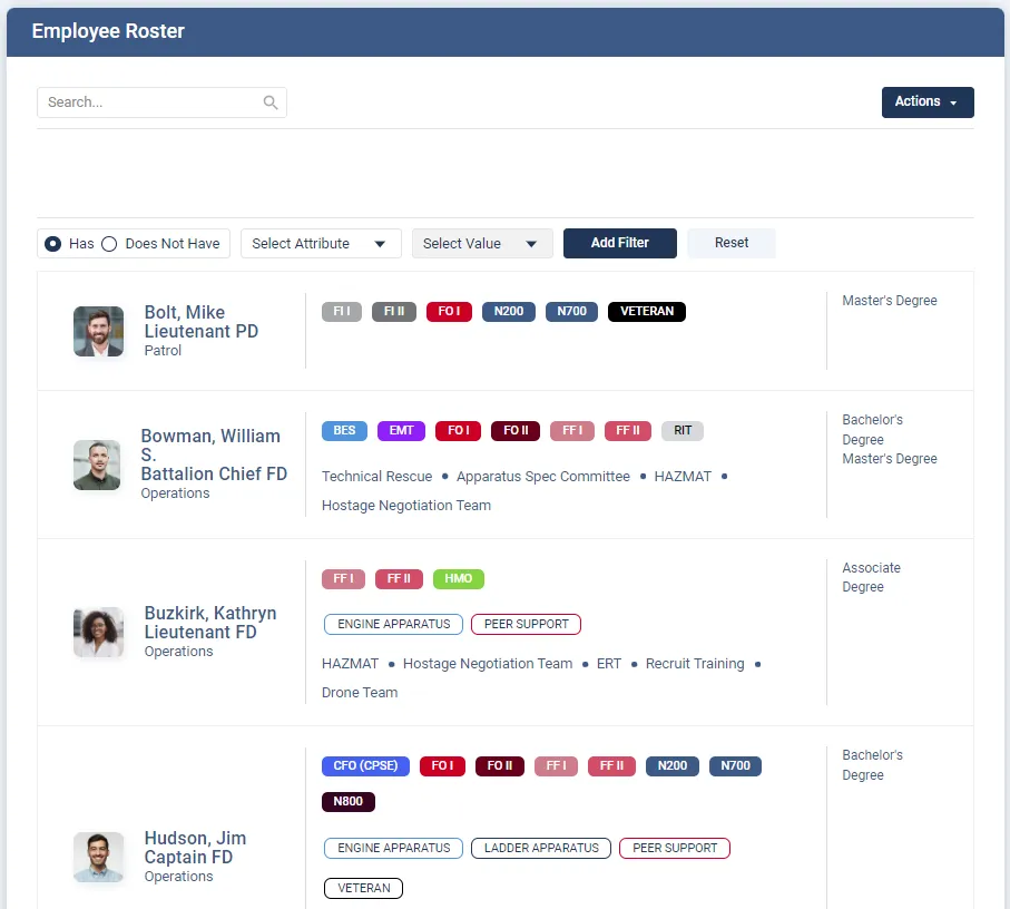 Essential Personnel roster screen listing members with their certifications, qualifications and special team assignments, with attribute filters above