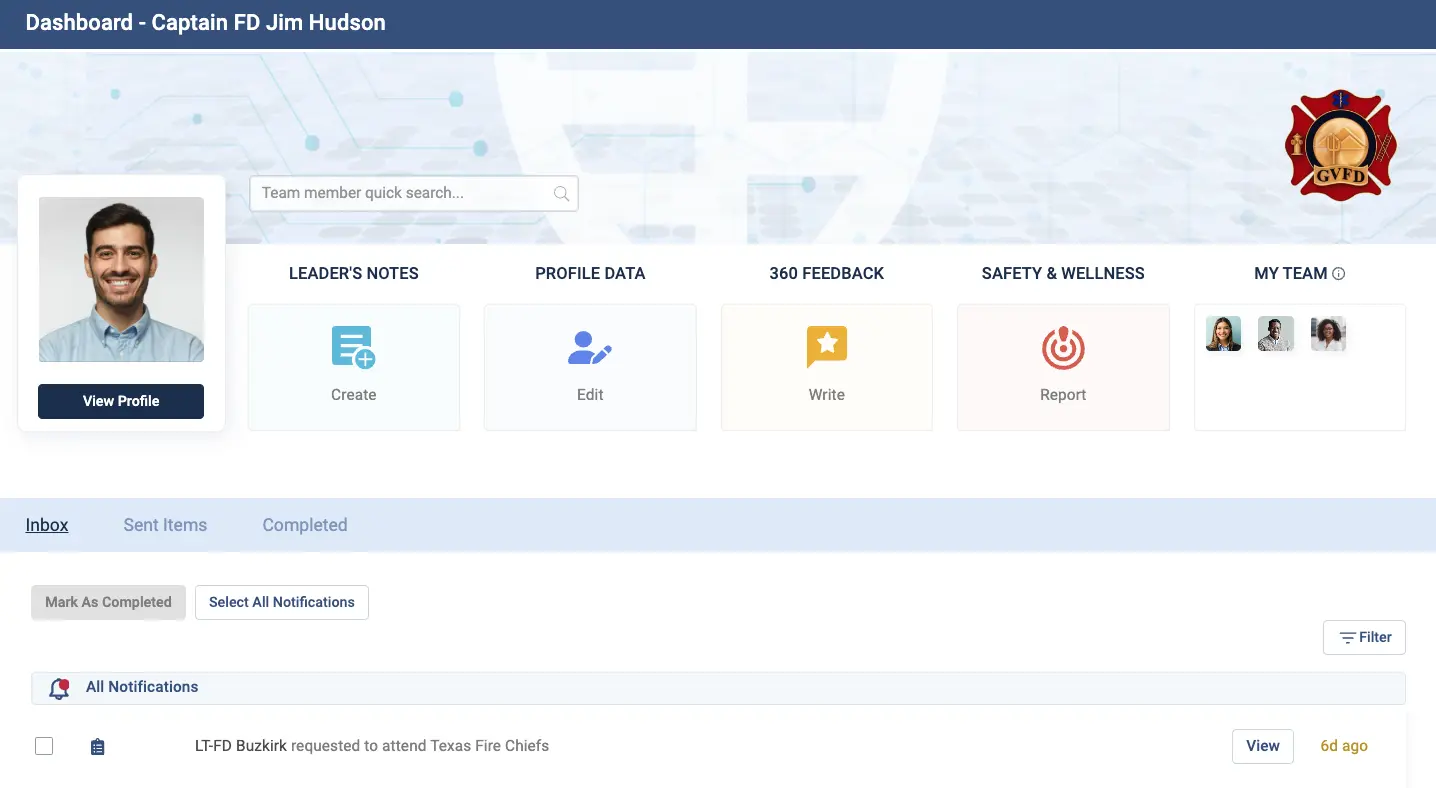 Essential Personnel dashboard for a fire captain, with leader's notes, profile data, 360 feedback and safety and wellness actions above a notification inbox