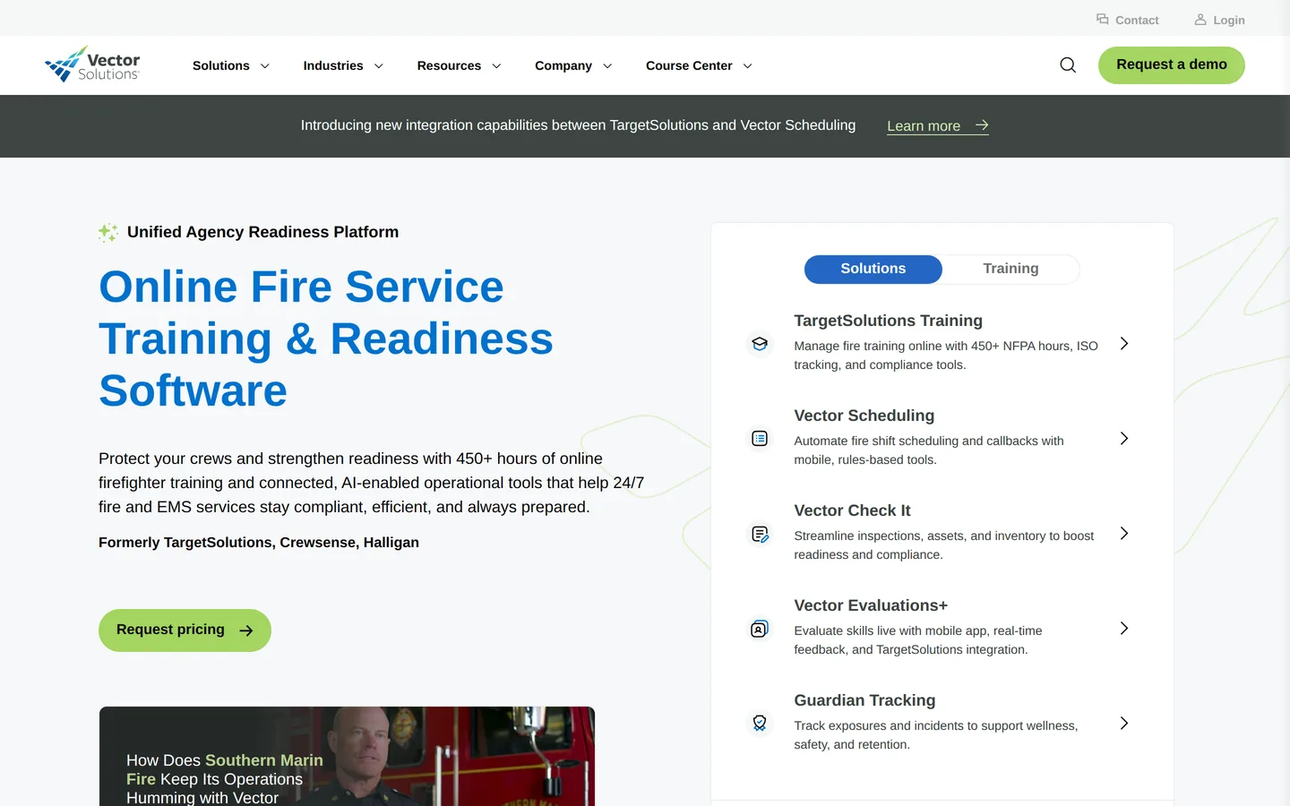 Vector Solutions fire service page - online fire service training and readiness software