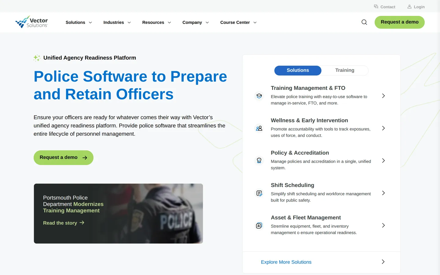 Vector Solutions law enforcement page - Acadis, Vector LMS, Guardian Tracking and the Frontline Public Safety Suite