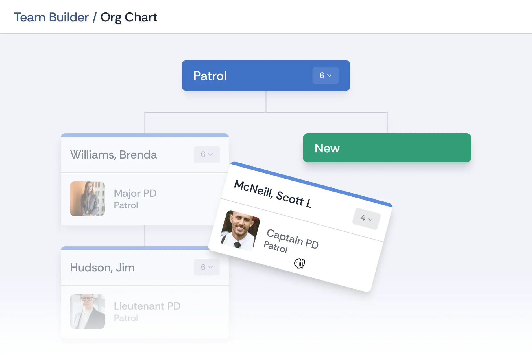 Essential Personnel Team Builder org chart showing a department structure with an employee card being dragged and a vacant authorized position marked New