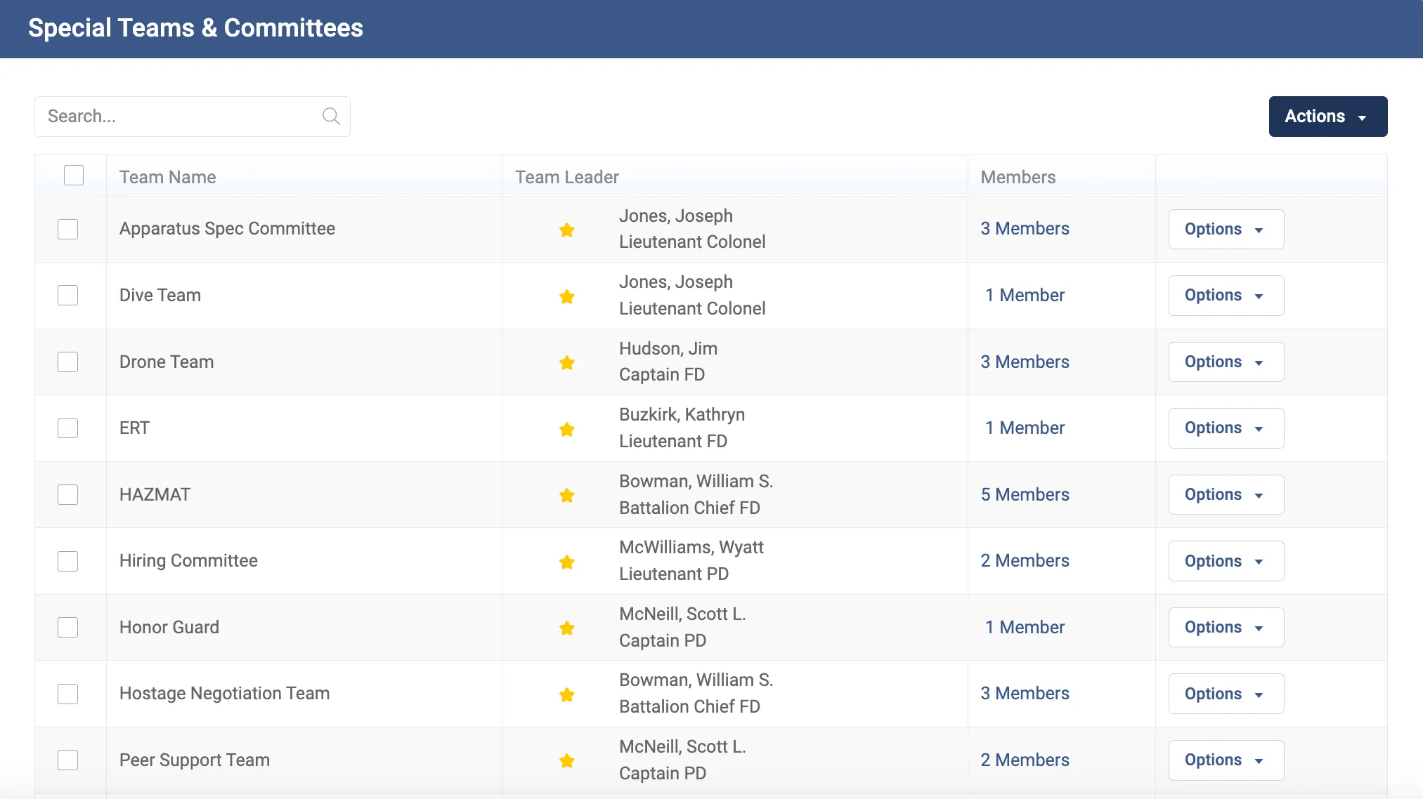 Special Teams and Committees list in Essential Personnel showing an apparatus spec committee, hiring committee, peer support team and operational teams with named leaders and member counts