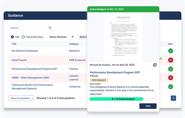 Essential Personnel Guidance list of policies, research, lessons learned and EMS protocols with an acknowledgement column, and a policy detail panel showing it was acknowledged on November 12, 2025 with 8 of 10 members acknowledged
