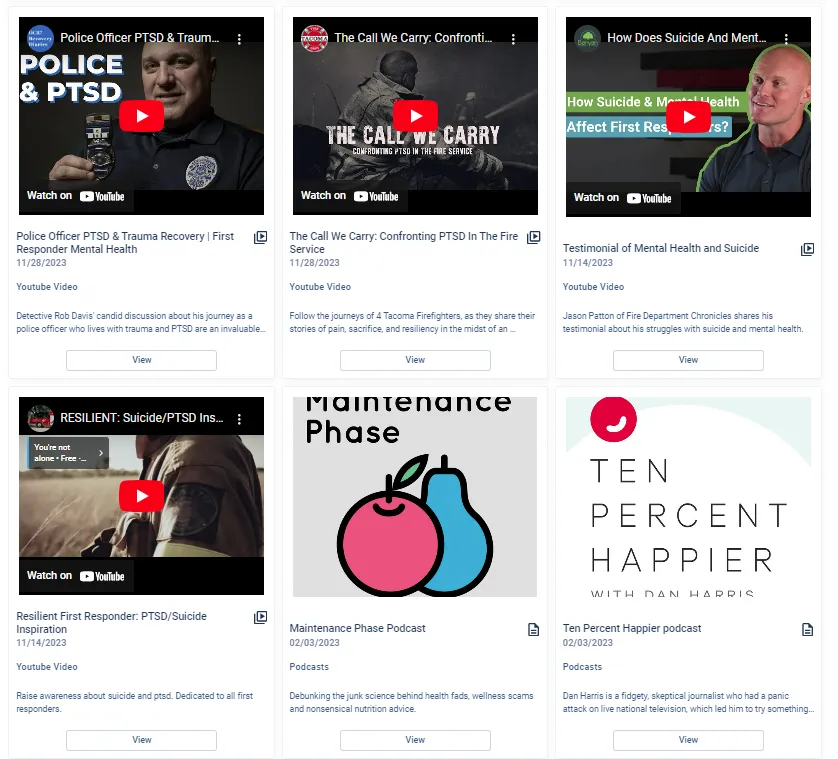 Essential Personnel Resource Library showing first responder mental health videos on police PTSD, firefighter suicide awareness and trauma recovery, alongside podcasts on resilience