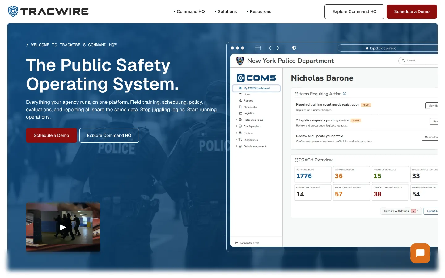 Tracwire Command HQ homepage - fire department professional standards software