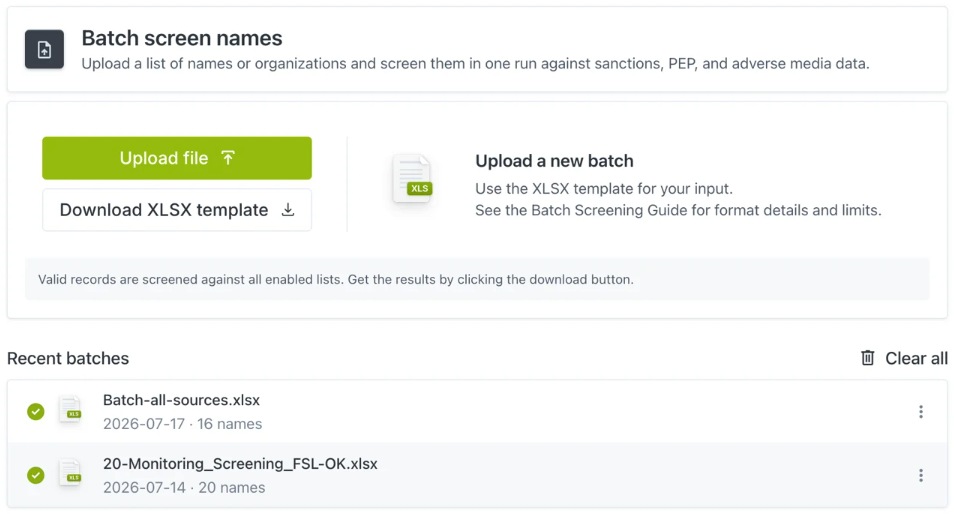 Batch screen names page with upload, template download and recent batches