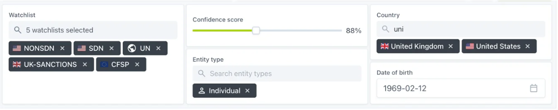Search parameters with five watchlists, an 88% confidence score, an individual entity type, two countries and a date of birth