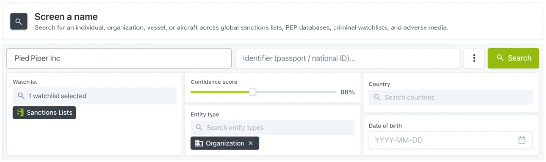 Screen a name with watchlist, confidence score, entity type, country and date of birth fields
