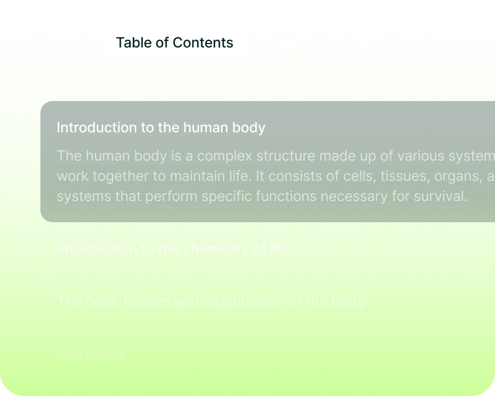 Graspr AI smart summaries interface displaying table of contents and chapter overviews