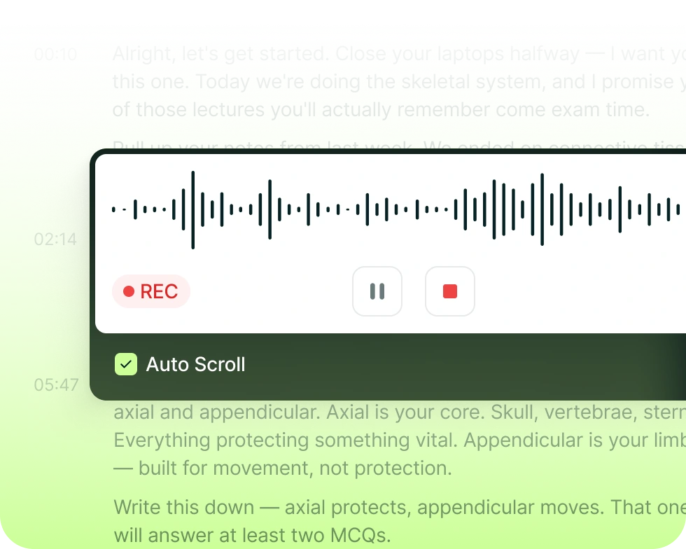 Graspr AI live lecture recording and audio transcription interface with wave visualizer