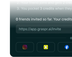 Graspr AI referral and friend invite link panel with social sharing buttons