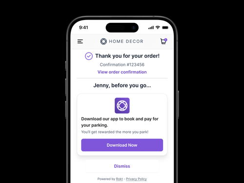A smartphone displays a confirmation page from "Home Decor" thanking the customer, Jenny, for her order (#123456). Below the confirmation is a promotional box encouraging her to download an app to book and pay for parking, with the note, “You’ll get rewarded the more you park!” A purple “Download Now” button and a smaller “Dismiss” button appear below the offer.