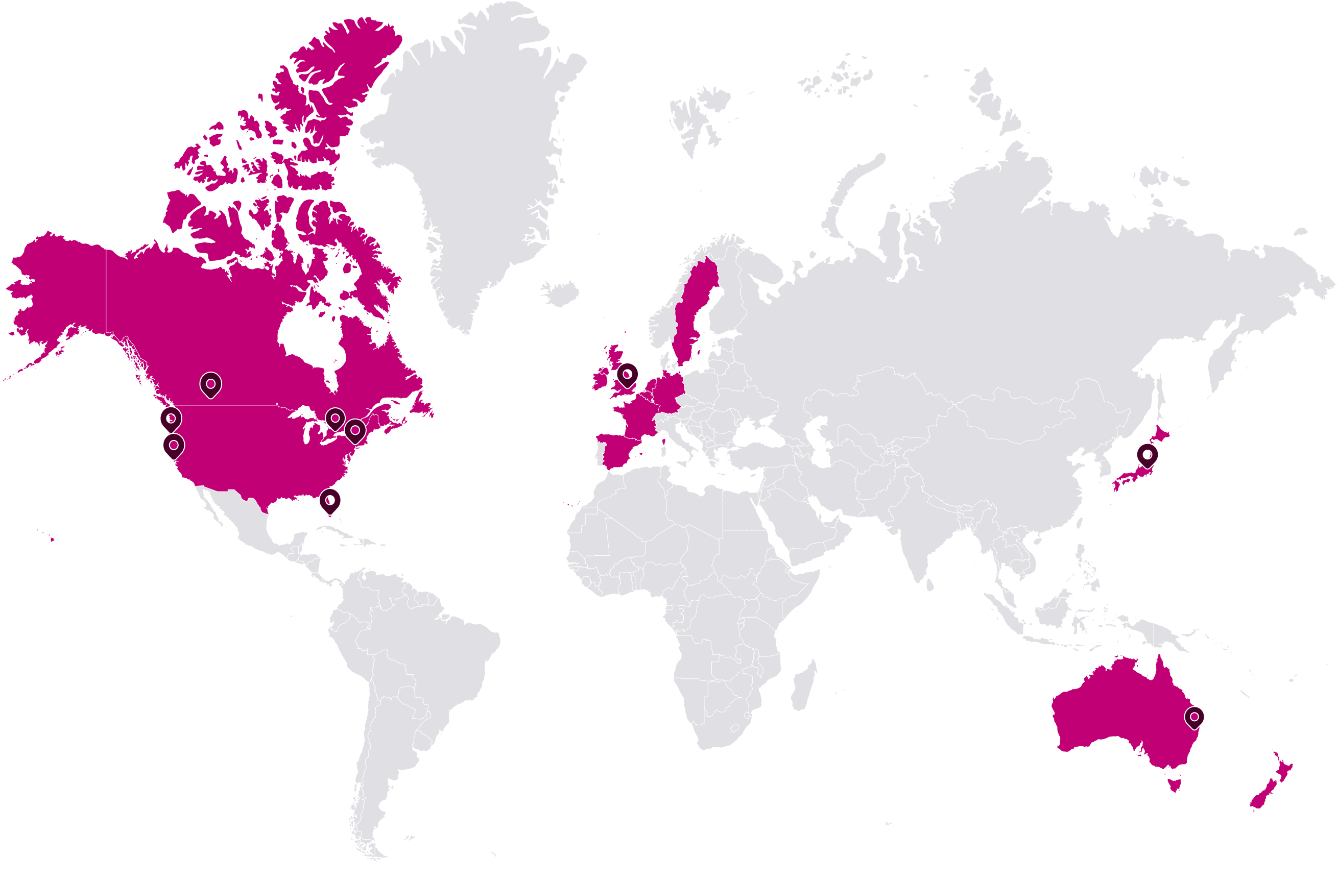 World map highlighting Rokt's global presence with 9 office locations marked by circular icons across North America, Europe, Asia, and Australia. Countries shaded in magenta represent 15 markets served.
