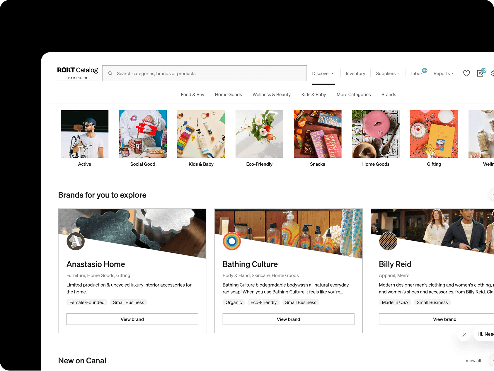 Screenshot of the Rokt Catalog’s partner discovery page, showing a clean interface with horizontal category tabs like "Active," "Social Good," "Kids & Baby," and "Eco-Friendly." Below, a section titled “Brands for you to explore” highlights brand cards including Anastasio Home, Bathing Culture, and Billy Reid, each with a photo, short description, tags such as “Female-Founded” or “Organic,” and a “View brand” button. The layout is bright and curated for browsing emerging and values-driven brands.