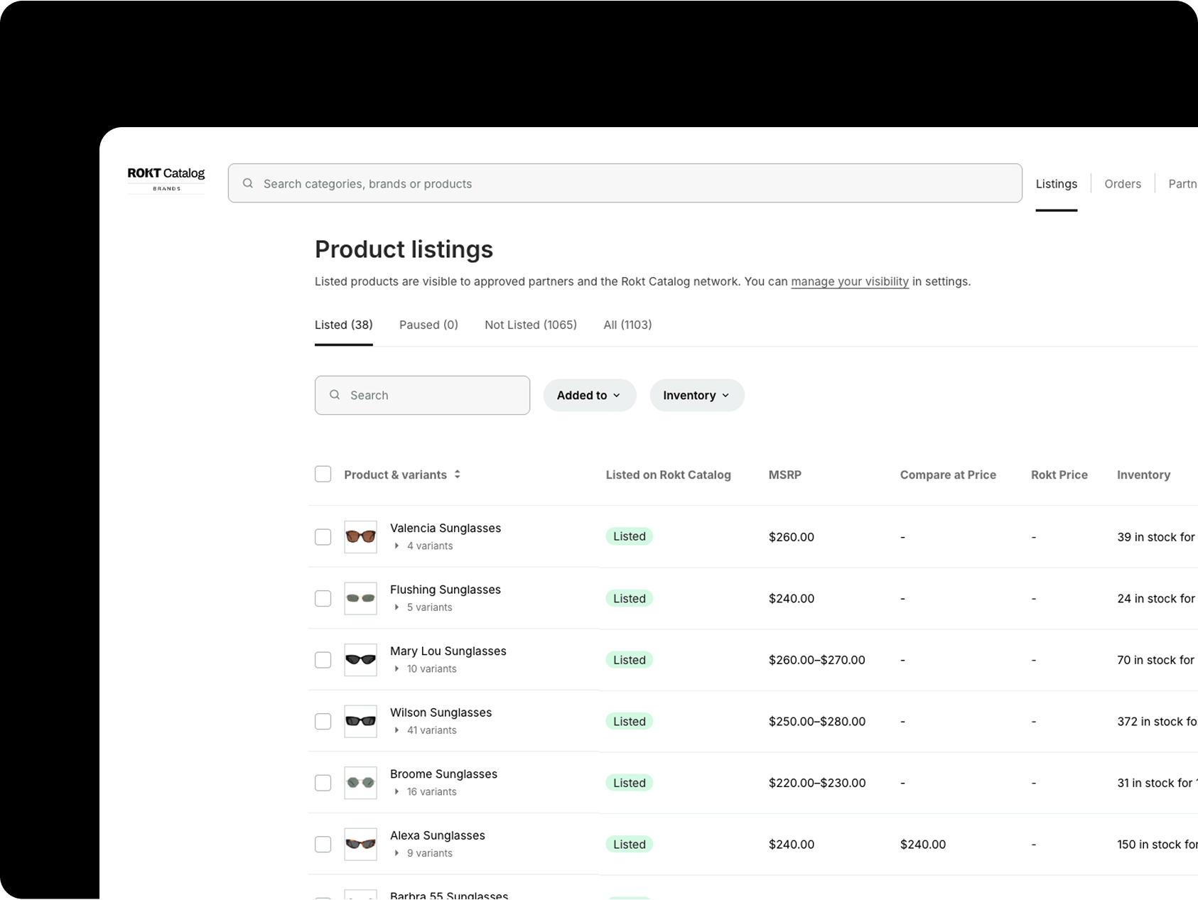 Screenshot of the Rokt Catalog platform's product listings dashboard. It displays a table of listed products, including various sunglasses like Valencia, Flushing, and Mary Lou, each with MSRP, inventory count, and listing status. The interface is clean and organized, with filter options for "Added to" and "Inventory," a search bar at the top, and tabs for listed, paused, and unlisted items. Each row includes thumbnail images of the sunglasses and details like variant count and stock availability.