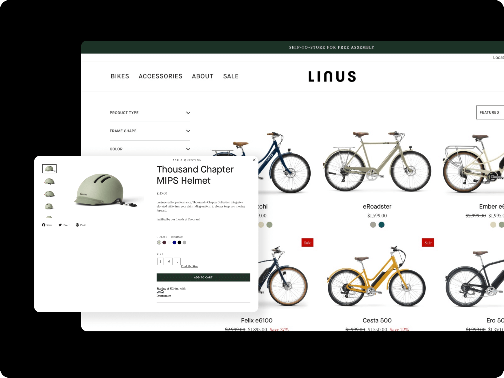 Screenshot of the Linus e-commerce website showcasing bicycles and accessories. In the background, a product grid displays various bike models like the eRoadster and Ember with prices and sale tags. Overlaid in the foreground is a detailed product page for a Thousand Chapter MIPS Helmet in a desert sage color, showing multiple color options, sizing buttons, and an “Add to Cart” button. The layout is clean and modern, with a focus on product visuals and streamlined shopping experience.