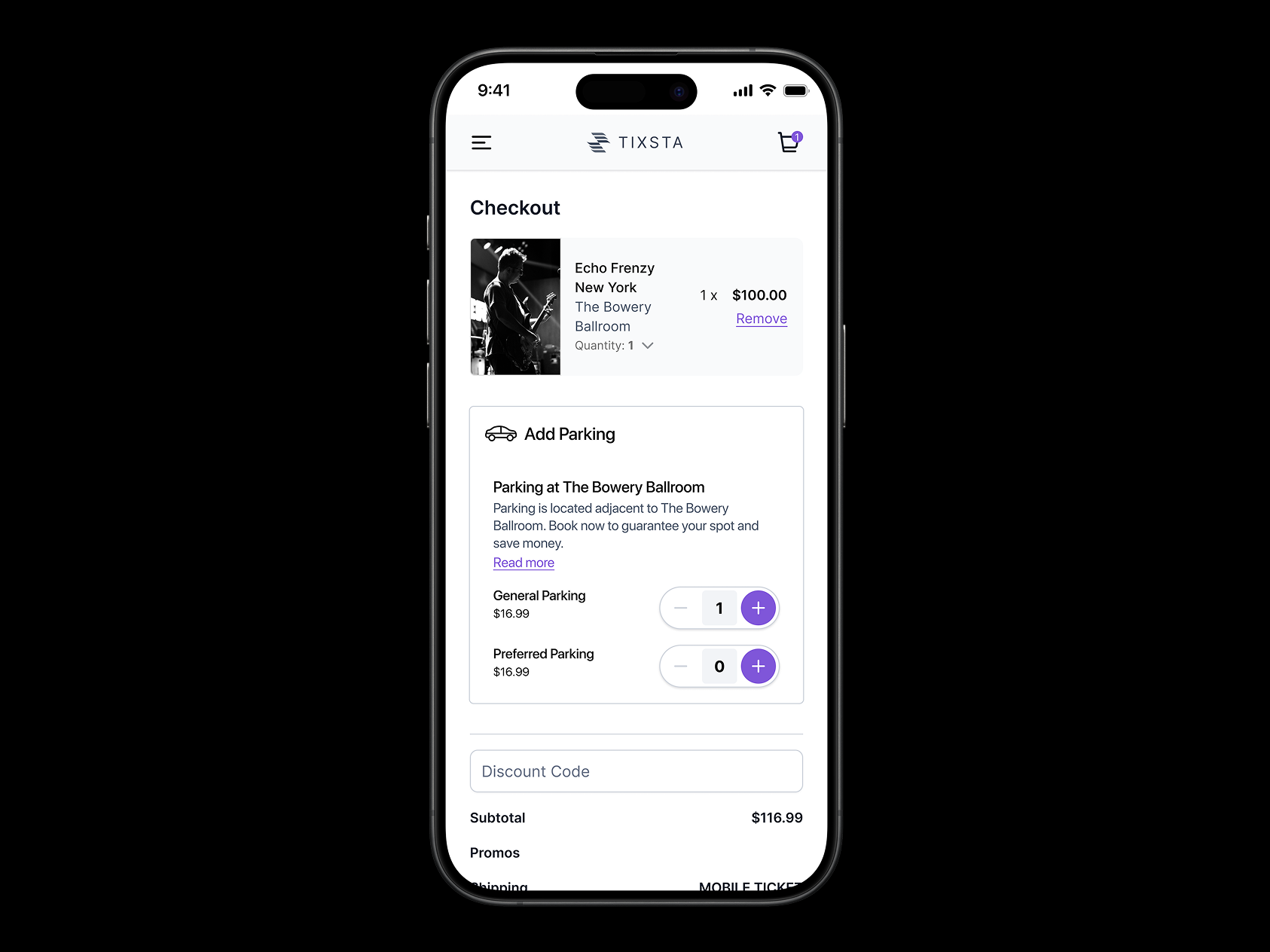 A smartphone screen displays the Tixsta app's checkout page for an Echo Frenzy concert at The Bowery Ballroom in New York. The ticket is priced at $100 with quantity set to one. Below, there’s an "Add Parking" section offering General and Preferred Parking for $16.99 each, with quantity selectors next to both. General Parking has one spot selected, Preferred Parking has none. A discount code field and a subtotal of $116.99 appear near the bottom.