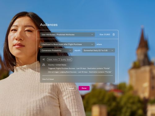 User interface screen titled Audiences showing segmentation filters for booking hotel likelihood after flight purchase with criteria and status details.