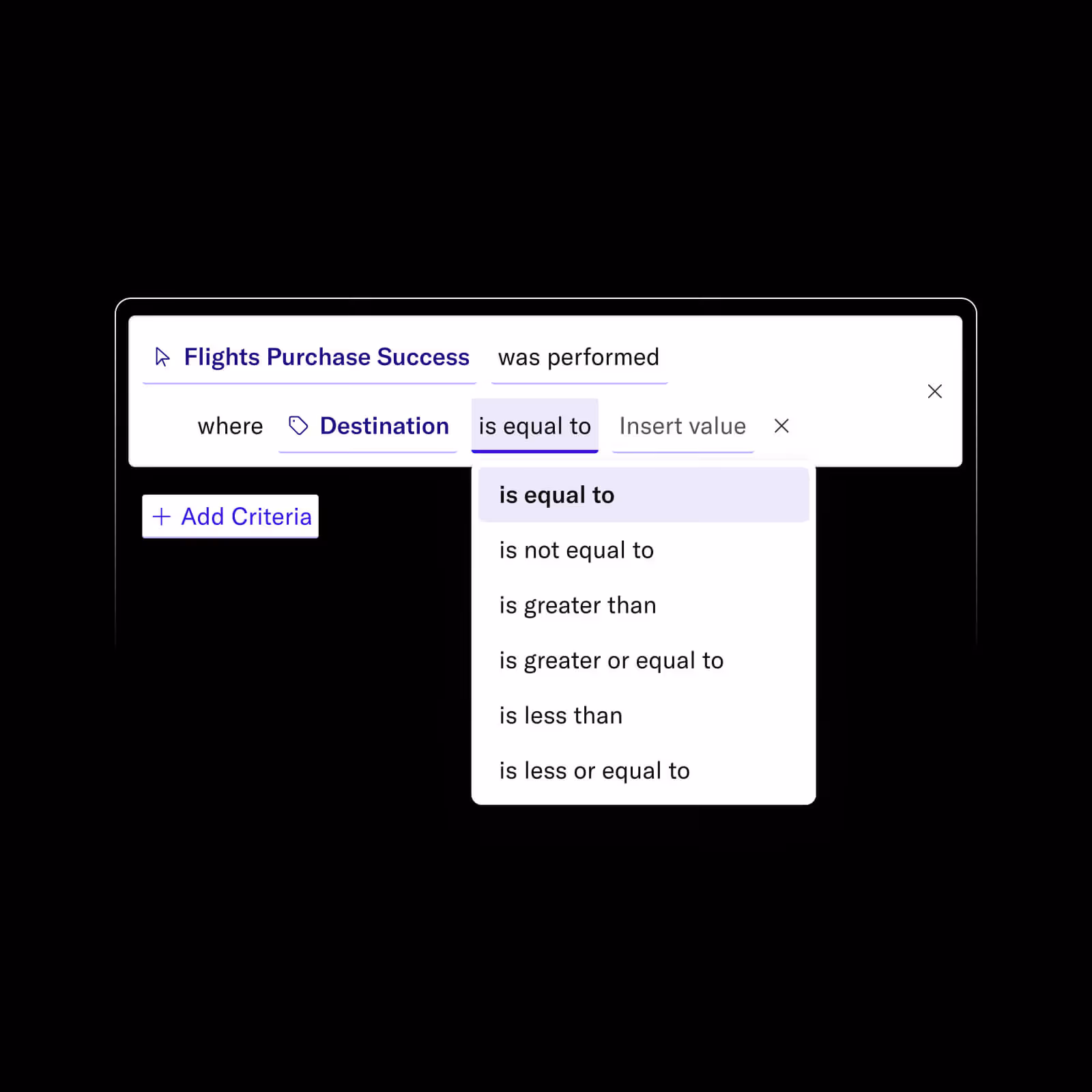 Filter interface showing criteria: Flights Purchase Success performed where Destination is equal to a selectable value with options for comparison operators.