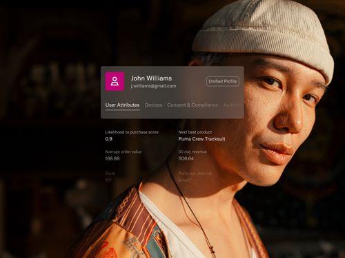 Close-up of a man wearing a beige beanie looking at the camera with an overlay showing a user profile for John Williams, including purchase likelihood and next best product.